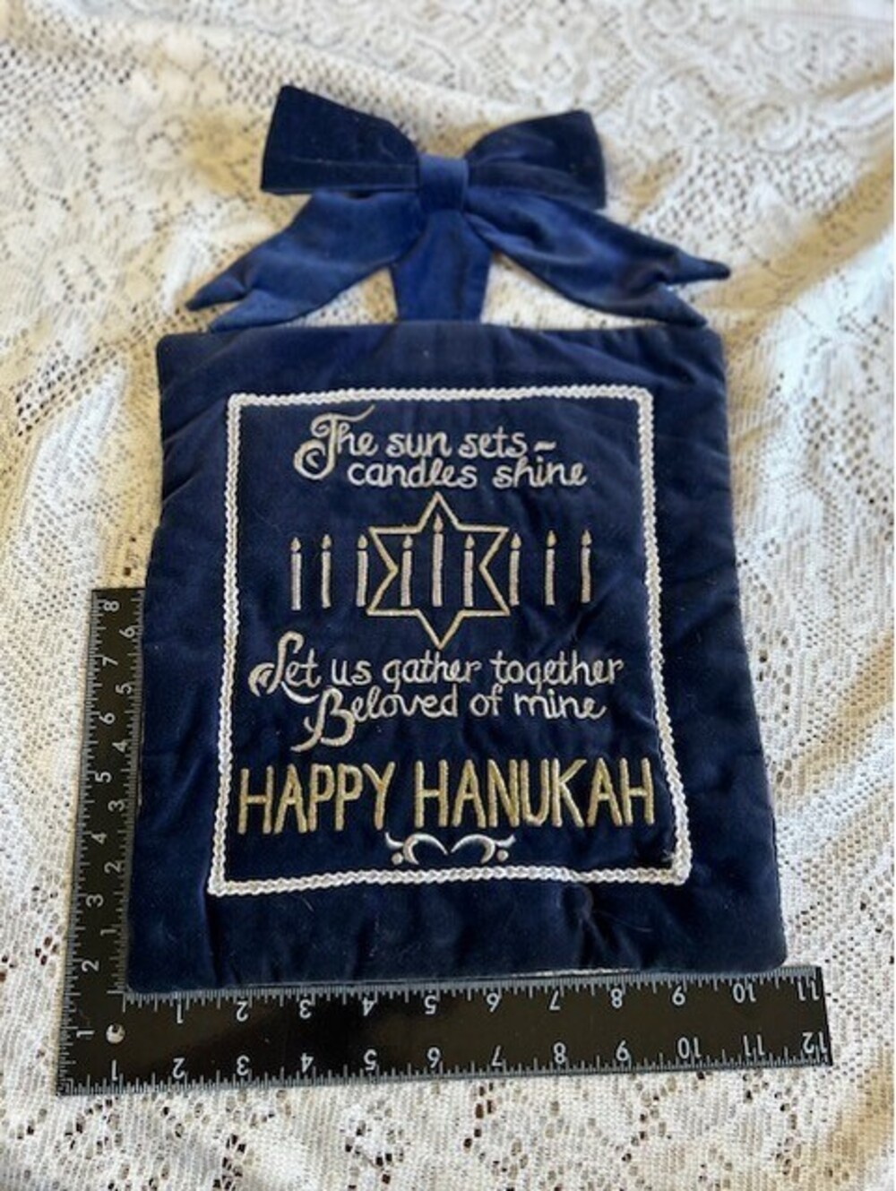 Handmade Velvet Hanukkah Wall Hanging with Embroidered Greeting